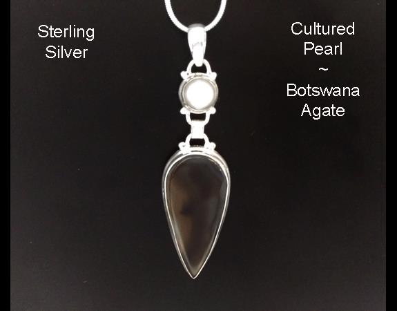Sterling Silver Necklace with Botswana Agate and Pearl - Click Image to Close